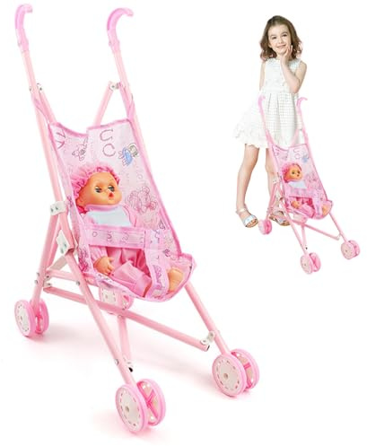 NIDONE Ensemble de Poussette de poupée pour bébé, 2 pièces/Ensemble Poussette poupée Pliable avec, bébé posable Mignon avec des vêtements Portables, Chariot pour Les Tout-Petits Filles