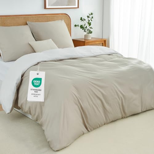 Duvetnova King Size Duvet Cover Sets Reversible Soft Brushed Microfiber Bedding Set Beige/White with Zipper Closure OEKO-TEX Wrinkle-Free 230x220cm with 2 Pillow Cases