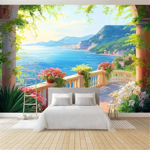 Carta da Parati Professionale 300 x 210 cm in TNT, Carta da Parati Resistente allo Sporco per Cucina e Sala da Pranzo, Decorazione Fotomurale Parete Blu Romantico Vista Mare Balcone Colonnato