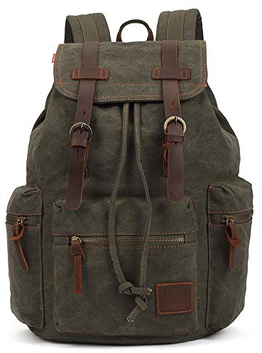 KAUKKO Vintage Casual Rucksack aus Canvas und Leder 27×16×41 cm (Army Grün)