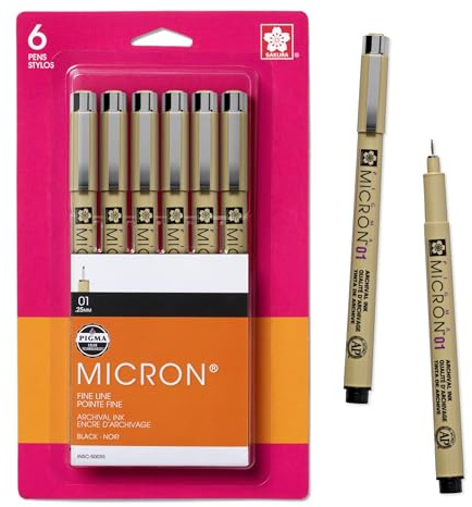 SAKURA Pigma Micron Fineliner Pens, 01 Tip Size, Archival Black Ink, 6 PK 50035