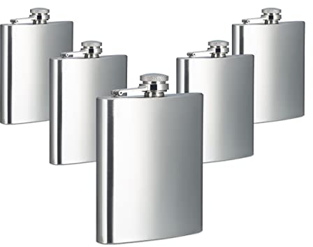5 Petacas de Whisky, 200 ml, Garrafas de Bolsillo para Licor, Cantimploras, Acero Inoxidable, 12 x 9 x 2 cm, Plateado