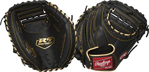 Rawlings Herren R9 Series Baseball Glove | Sizes 11.5-12.75 | Multiple Styles Handschuh, 1-teiliges solides Netz, Schwarz/Gold, 32.5 | Catcher