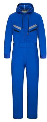 Yukirtiq Herr arbetskläder huva panndräkt overall med flera fickor, slitstark polycotton overallbyxor mekanik panndräkt med reflekterande tejp, Kungsblå, XS