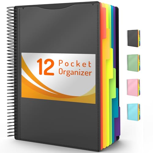 12 Pocket Project Organizer, Forvencer 1/6-cut Tab Binder Organizer with Sticky Labels, Multi Pocket Folder with Zipper Pouch, Folder Binder Spiral Pocket Notebook, Office Supplies, Letter Size, Black