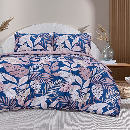 Sleepdown Tropiskt palmträd blommig rodnad rosa marinblå vändbar mjuk lättskött påslakan täcke sängkläder set med örngott – dubbel (200 cm x 200 cm)