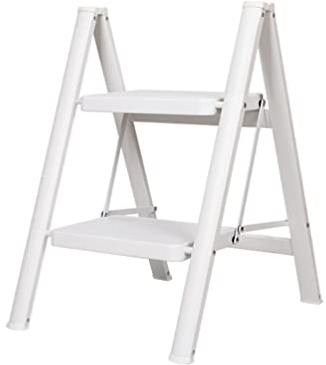 BAOYOUNI Escalera Plegable 2 Peldaños de Aluminio Ligera y Portátil Escalerilla Doméstica Taburete con Pedal Ancho Antideslizante, Peso Máximo 150 kg, para Hogar, Cocinas, Garaje, Oficina, Blanco