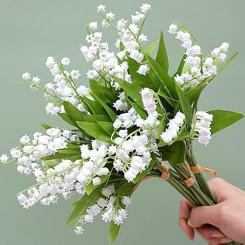 OUKEYI 12 Branch Lily of the Valley Artificial Flowers, Lily of The Valley Plastic Flower ，Outdoor Bridal Wedding Bouquet for Home Garden Party Wedding Decoration (White)