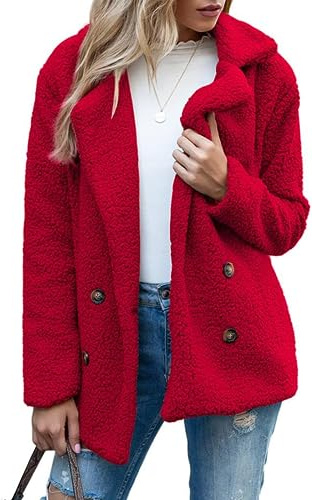 BININBOX Abrigo de Mujer para invierno Chaqueta de mujer Chaqueta de botón de lana Abrigos de otoño (XL, Rojo)