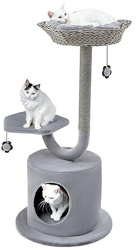 COSTWAY Kratzbaum, 106cm hoch, Katzenbaum mit Katzenhöhle & 2 Liegeflächen & 2 Bällen, Kletterbaum mit gebogenem Metallrahmen, Katzenkratzbaum Holz Spielbaum, Katzenmöbel für Katzen, Grau