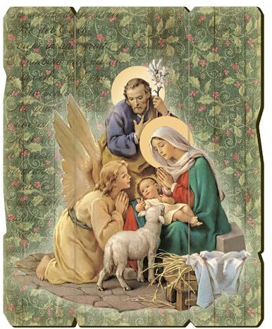 Brothers Bonella | Formad träbild Vintage Helig familj och ängel f.to 28,5 x 35,5 cm | Tillverkad i Italien