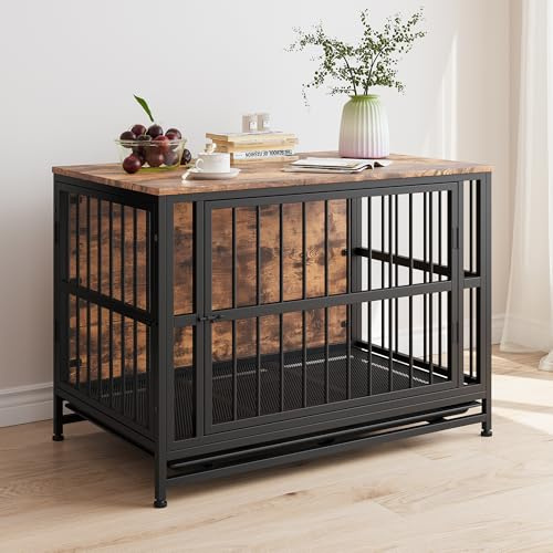 BORPHOM Dog Crate Furniture,38.98 Wooden Large Dog Crates Indoor,Heavy Duty Dog Cage for Large/Medium Dogs,Dog House with Removable Tray,Folding 2 door Crate,Side End Table,Rustic Brown