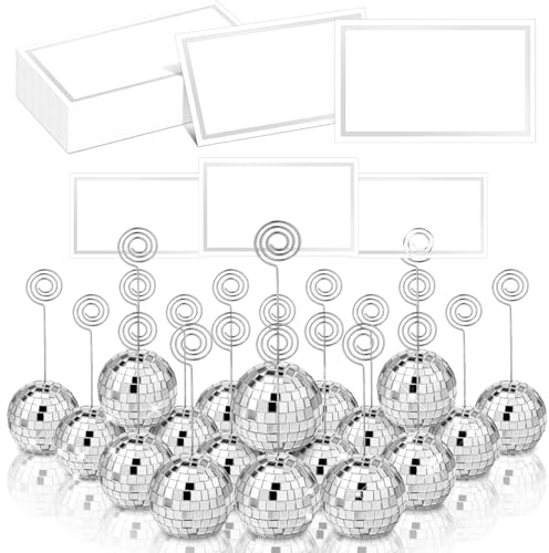 Uiifan Set di 20 supporti per foto a forma di palla da discoteca, segnaposto, segnaposto, per menù, matrimoni, feste di compleanno, colore argento, 5 cm