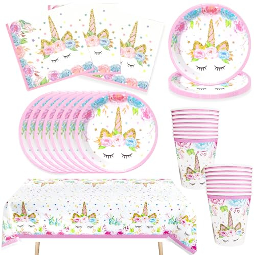 Bikasun Juego de vajilla de fiesta de unicornio, juego de 16 platos de unicornio, vajilla de cumpleaños infantil, platos de papel, tazas, servilletas, mantel, decoración para fiestas