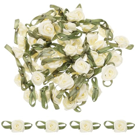 QUARKZMAN 30Pz Mini Rose Finte Beige 1.5x3cm Fiori Artificiali Mini Rose Nastro Piccole in Raso Finti per Decorazioni Cucito Applicazioni Lavoretti Fiori Miniaturizzati