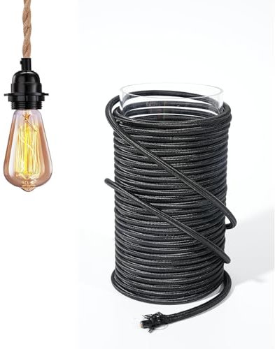 GreenSun Cable textil de 3 núcleos, color negro, cable de alimentación de 3 pines, revestimiento textil, 3 x 0,75 mm², cable de lámpara de tela, cable eléctrico de 3 hilos, 5 m