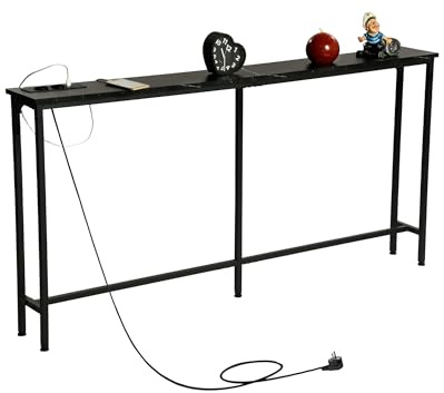 GOKHOMX Tavolo consolle stretto con stazione di ricarica, tavolo da ingresso stretto da 160 cm, consolle mobile dietro divano per soggiorno, ingresso corridoio, effetto finto marmo (nero, 160 x 20 x