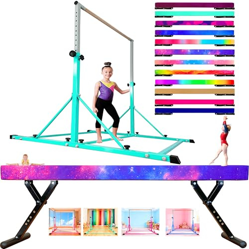 MARFULA Gymnastic Bar with Mat and 8ft Adjustable Balance Beam for Kids of All Gymnastic Levels Home and Club Use Gymnastics Training Equipment