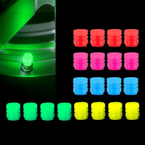 Icyfond 20Pcs Glow in The Dark Tire Valve Caps, Fluorescent Plastic Air Valve Stem Covers, Luminous Tire Valve Stem Caps, Cool Car Accessories for Cars Motorcycles SUV Trucks Bikes(5 Colors)