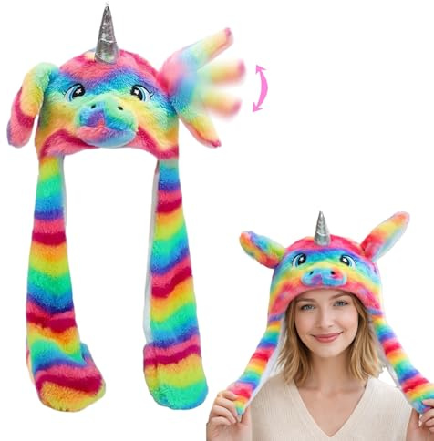 GWAWG Sombrero de unicornio con orejas móviles, bonito sombrero de animal de felpa para niñas, sombrero de invierno suave de dibujos animados con orejas móviles, sombreros divertidos para fiesta