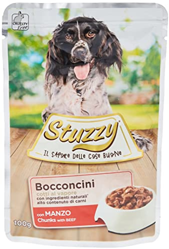 Stuzzy Cibo Umido per Cani con Manzo in Gelatina, in Busta, Alimento Completo, Ingredienti Naturali, Cotto al Vapore, Alto Contenuto di Carne, 24 x 100 Gr