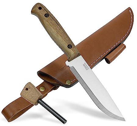 BPS Knives Adventurer - Bushcraft-Messer - Feststehendes Kohlenstoffstahlmesser mit Lederscheide und Feuerstarter - Outdoor Full-Tang-Messer - Campingmesser - Survival Campmesser