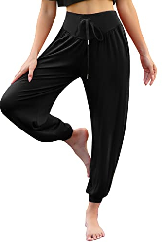 Terecey Haremshose Damen Lang Yoga Hosen Jogginghosen Damen Locker Yogahose Pilates Hose Weit Sweatpants Pluderhosen Yogahosen für Jogging Training Pilates