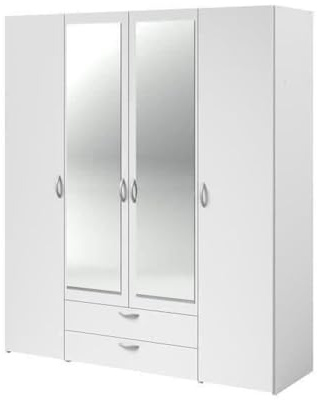 Armoire VARIA - Décor blanc - 4 portes battantes + 2 miroirs + 2 tiroirs - L 160 x H 185 x P 51 cm - PARISOT