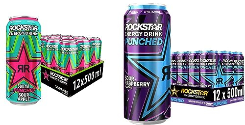 Rockstar Energy Drink Super Sours Green Apple & Energy Drink Super Sours Blue Raspberry - Saures, koffeinhaltiges Erfrischungsgetränk für den Energie Kick, EINWEG (12x 500ml)