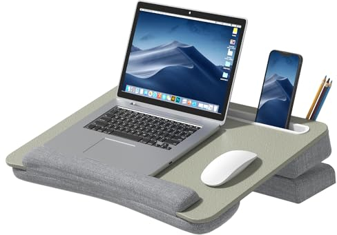 Laptopkissen, PUTORSEN Laptop Knietablett mit Ergonomische Handgelenkauflage, Größere Laptop Kissen für max. 17,3 Zoll Notebook, Höhenverstellbar Laptopunterlage mit Tabletund Telefonhalter (Grau)