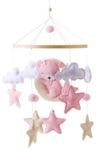 GLITZFAS Mobile Baby Hölz Babybett Mobile Baby Windspiel Filzbällen Rosa Bär Babyzimmer Mobile Baby Neugeborene Jungen Mädchen Anhänger