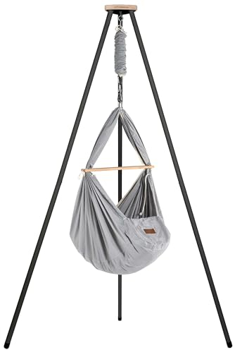 SCHMUSEWOLKE Federwiege Bio Grey - mit Tipi anthrazit - Hängematte für Babys und Kleinkinder ab Geburt bis 3 Jahre - Bio-Baumwolle - Mit Schafwollmatratze