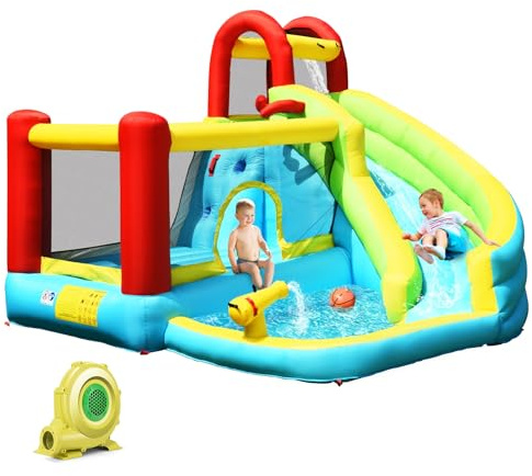 LIFEZEAL Château Gonflable pour Enfants 3+ Ans, Parc Aquatique, Jeux avec Toboggan, Trampoline, Piscine, Mur d'escalade, Panier, Intérieur Extérieur, 325x310x225cm, Max 135 kg (avec souffleur)