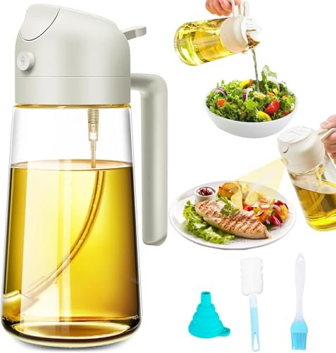 Oil Spray Bottle, 2-in-1 Oil Pourer and Sprayer, 16oz/470ml BBQ Brush Funnel with Cleaning Brush, Thick Glass, Strong Spraying Power, Commonly Used in Air Fryer, Baking, BBQ, Salad, Kitchen Baking