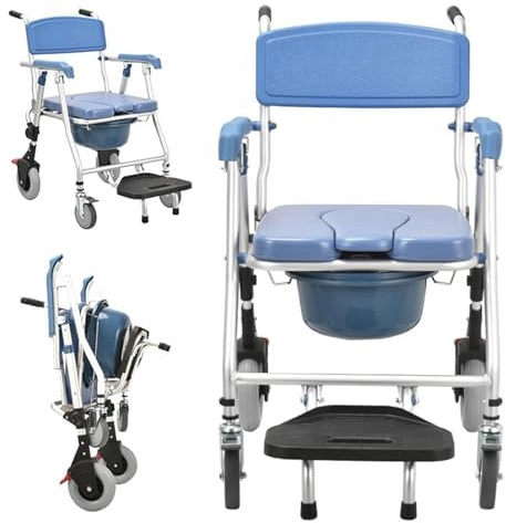 Silla de inodoro portátil plegable con ruedas, cómoda ligera para ancianos, ideal para uso doméstico y ducha