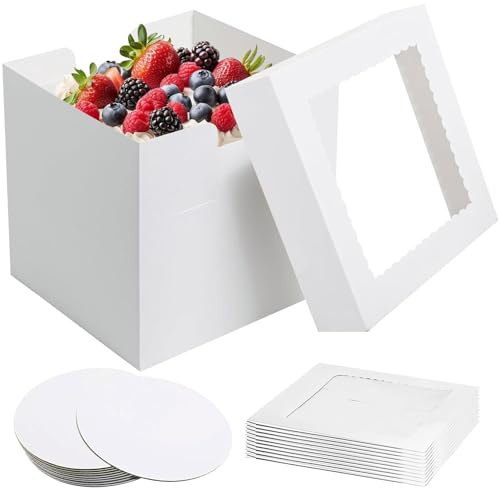 Spetsbst 10 tårtlådor 30 x 30 x 20 cm tårtkartong med transparent fönster | Återanvändbar tårta transportlåda kartong (25 cm, vit, 30 cm)