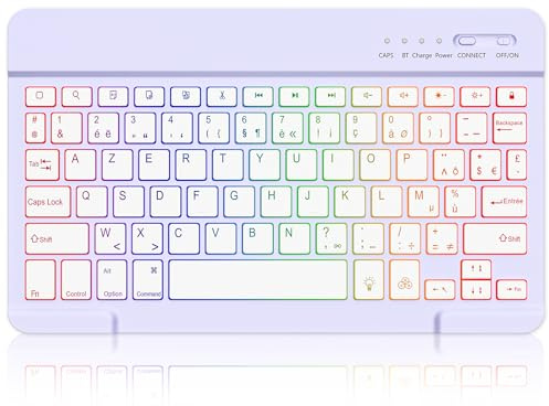 MMK Clavier Bluetooth, Layout AZERTY, Touches Silencieuses, Mini Clavier sans Fil Rétroéclairé Rechargeable pour iPad 10e Génération/iPad Pro/Air/Mini/10.2/9.7, iPhone, Android, Windows (Violet)