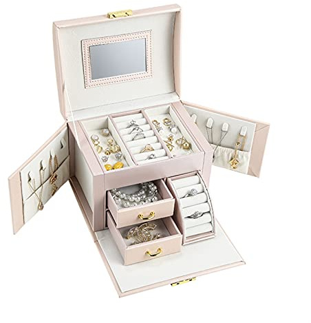 Jewelry Box Organizer Girls Drawer Joyery Cajas Pendientes Anillo Collar Joyería Estuche de almacenamiento(Nude Pink updated)