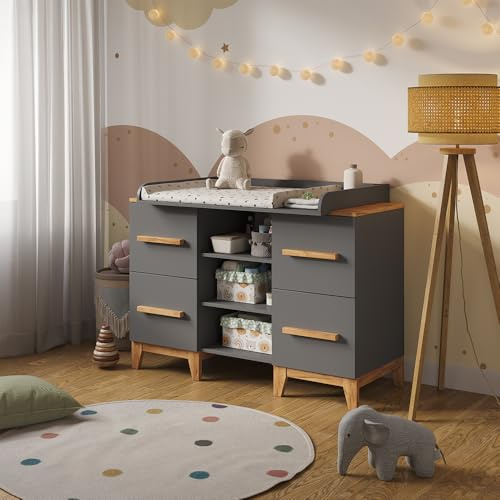 VitaliSpa Table à Langer Malia, Gris/Artisan, 133x98cm XL avec 4 tiroirs