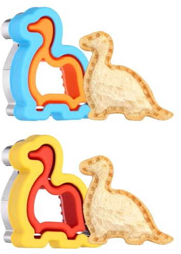 sourcing map 2 Pcs Sandwich Cutter and Sealer, Cute Cookie Cutters, Sandwich Maker Bread Decruster Lunch Accessories Dinosaur Shape for Lunchbox DIY Cookie Lunch Bento, Red/Yellow/Orange/Blue