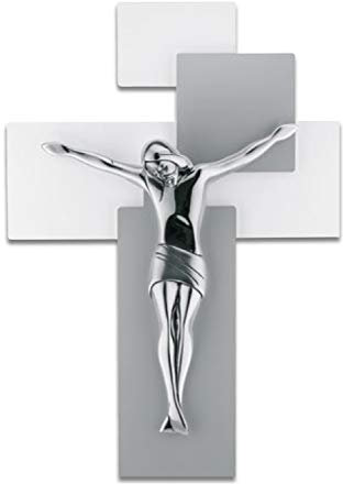 Piccolo CROCIFISSO da Parete Moderno 17X12 Croce Grigio Bianco Cristo Colore Argentato me12101g