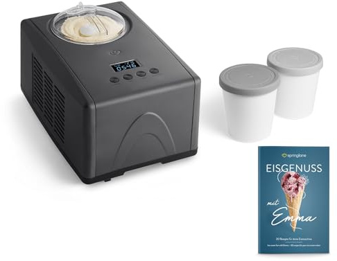 SPRINGLANE Glassmaskin Emma 1,5 l med självkylande kompressor 150 W, tillverkad av rostfritt stål med avtagbar isbehållare, inkl. receptbok (antracit, glassmaskin + 2 förvaringsbehållare grå)