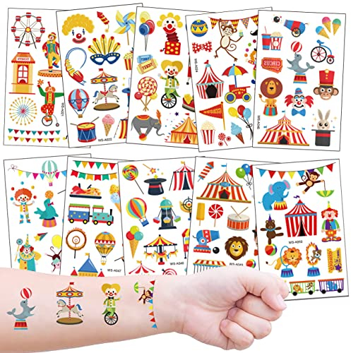 Zirkus Kinder Tattoo Set, 10 hautfreundliche Kindertattoos für Mädchen Jungen zum Geburtstag Mitgebsel Geschenkidee