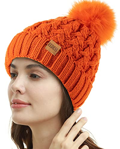 REDESS - Gorro de Invierno con pompón para Mujer, Gorros cálidos con Forro Polar, Gorro Cruzado de Punto de Nieve Holgado Grueso para Damas