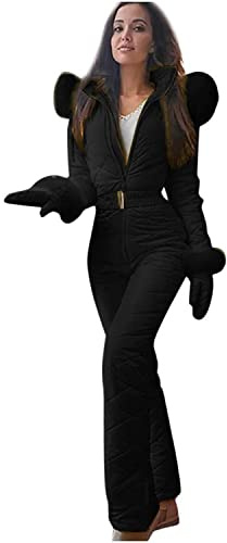 Tomwell Combinaison de Ski Femmes Hiver Couleur Unie Chaud Peluche Capuche Overall Neige Sports De Plein Air Zipper Ski Suit Imperméable Jumpsuit