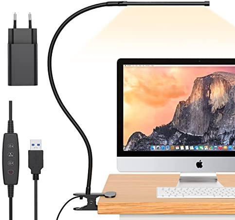 iZELL 77 LED Schreibtischlampe Dimmbar - 【3 Farbtemperaturen & 10 Helligkeitsstufen】 70cm Flexiblem Schwanenhals mit USB-Ladegerät, Klemmleuchte, Bürolampe, Arbeitslampe für Home Office/Büro