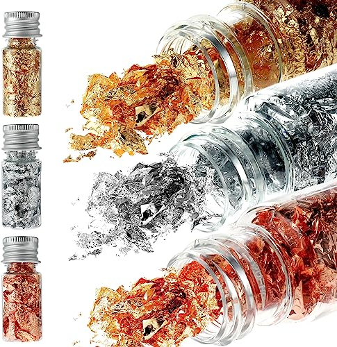 cobee 30ml Imitation Gold Flocken,3 Flaschen Blattgold zum Basteln Multifunktionale Dekorative Goldfolie für DIY Basteln Vergolden Malerei Acrylmalerei Möbeldeko und Weihnachten Nagelkunst