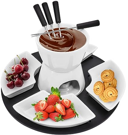 MoYouno Juego de ollas de cerámica para fondue de chocolate, juegos de fondue de queso, con 4 tenedores y 4 platos, juego de calentador de mantequilla de cerámica, juego de fondue no eléctrico