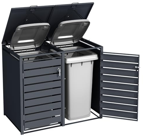 DWD Garden Double Wheelie Bin Hideaway 120L,240L Waste Bin,Storage Shed w/Locking Doors Assisted lift up Lid easy use Outdoor Hygienic Dustbin Cover Powdercoated Steel Matt Grey/Grey Slatted Doors