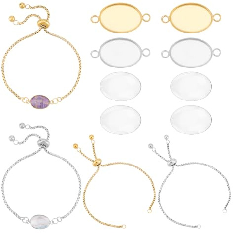 UNICRAFTALE 8 Set 2Colori In Acciaio Inossidabile Fai Da Te Kit per Creazione di Braccialetti A Maglia Ovale Vuoto Regolabile Cursore Catena con Connettore Cabochon Ovale Lunetta con Cabochon In Vetro